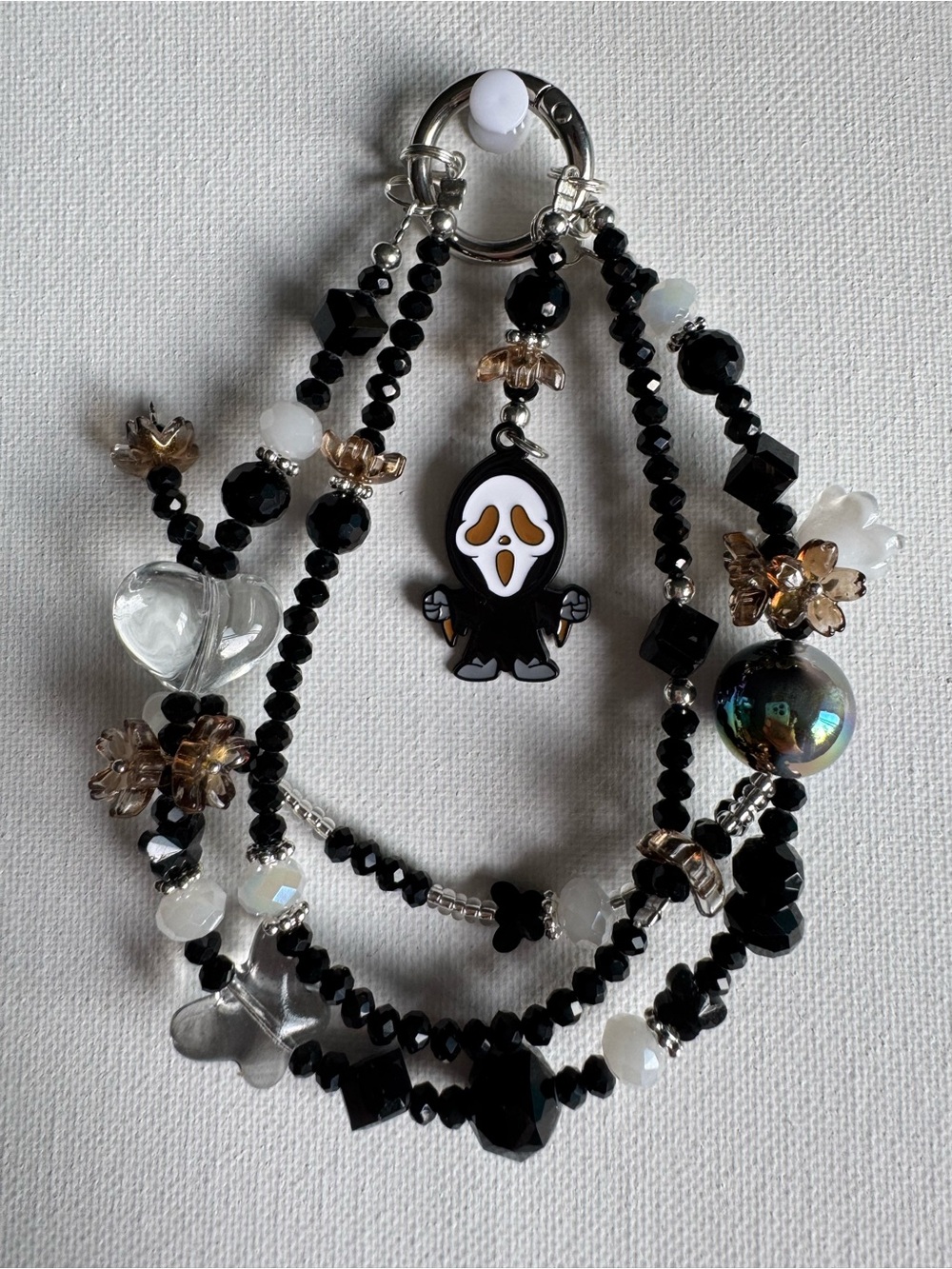 Halloween Ghost Face Black Beaded Phone Charm.